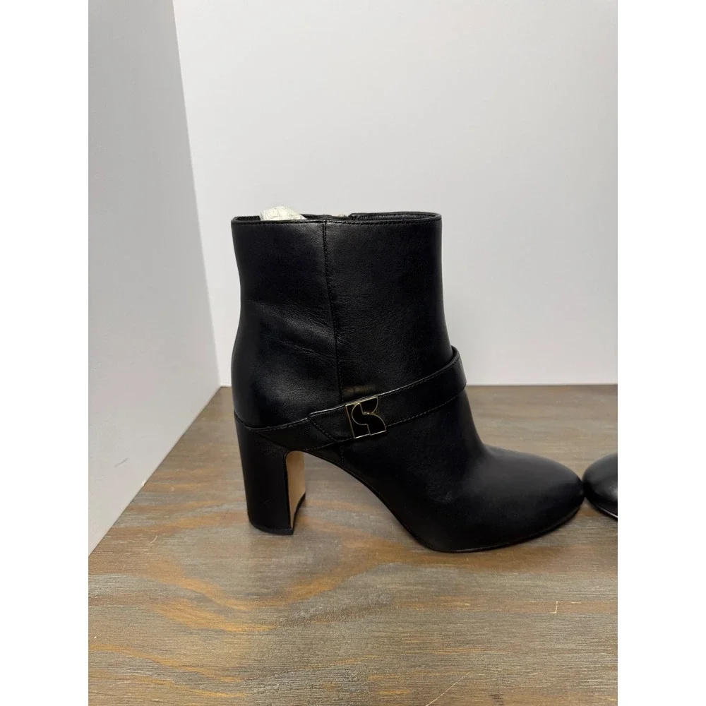 Kate‎ Spade Dakota Leather Zip-Up Booties Block Heel Logo Strap Black 8.5 New
